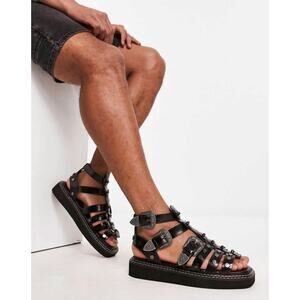 Asos Faux Leather Studded Gladiator Square Toe Ankle Sandals Mens Size 10 Black